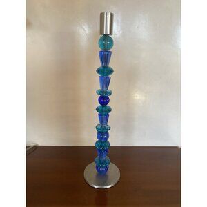 Tall Single Blue Recycled Glass Candlestick 16” Aluminum Top & Base